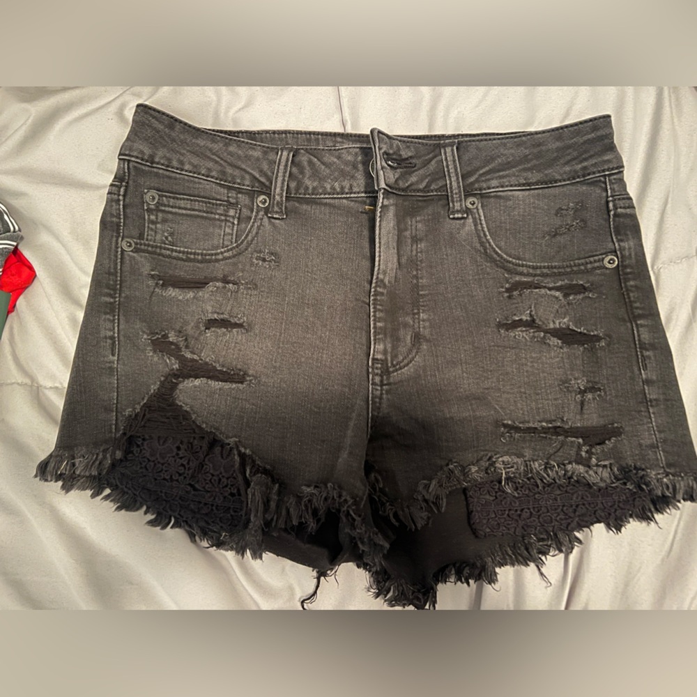 Dark black/ grey denim shorts with black paisley pockets